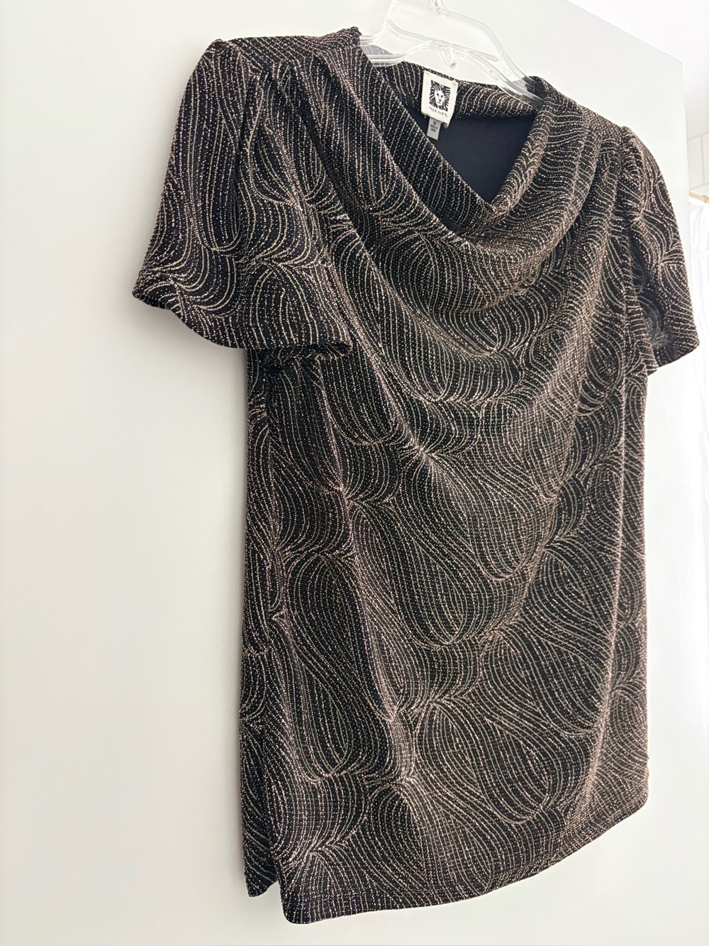 Anne Klein Black Metallic Wave Cowl Neck Short Sleeve Top